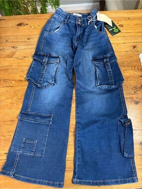 LOVE TRENDS Wide Leg multi Cargo Jeans in Dark Blue Grunge Skater Streetwear
